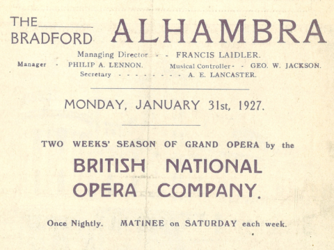 An old poster for the British National Opera Company performing at The Bradford Alhambra in January 1927.